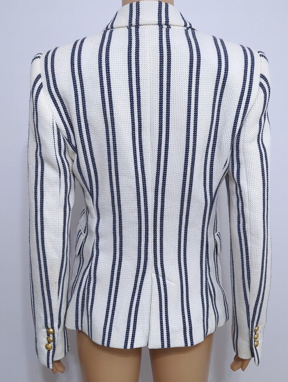 Zara Textured Knit Striped Blazer XS Ivory Navy Gold Button Nautical Preppy - Picture 3 of 12